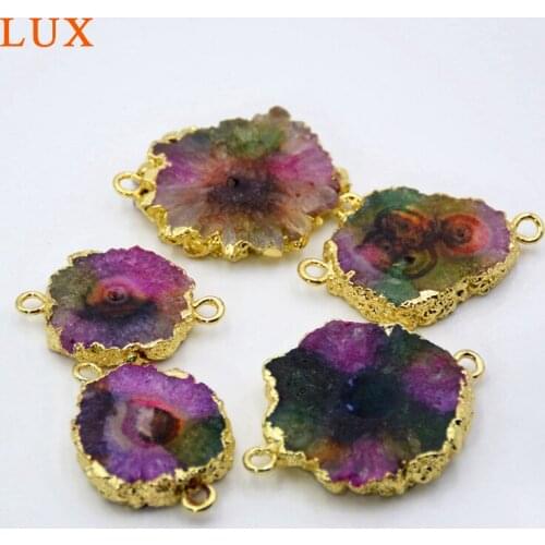 Gold Plating Natural Solar Druzy Quartzs Connector Double Bails Sun Flower rainbow Solar Drusy Gem stone Charm Making Jewelry