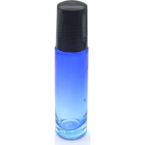 20pcs 10ml Thick Glass Roller Perfume Bottle Empty Gradient Blue-clear Essential Oil Sample Roll-On Black Plastic Cap Container
