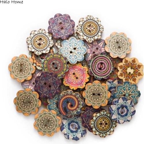 50pcs Painted Flower Wood Buttons for Handwork Sewing Scrapbook Clothing Crafts Accessories Gift Card 15-25mm