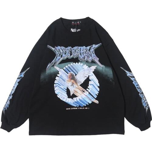 Distress Men Long Sleeve Angel Graphic T Shirt Oversized Tees Men Hip Hop Streetwear 2020 Trending Products Mens Clothing Tops