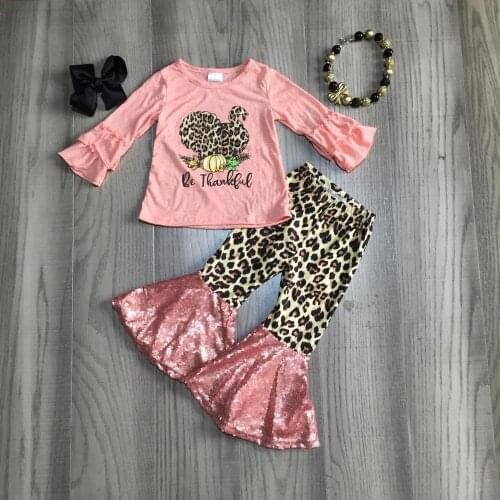 Girlymax Fall/winter Thanksgiving baby girls children clothes set coral leopard Turkey sequins pants cotton match accessories