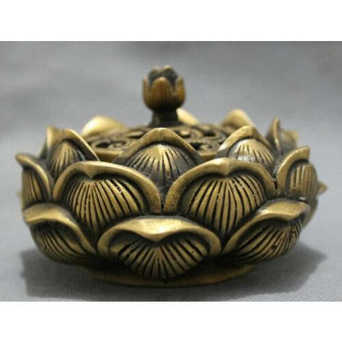 Chinese Folk Brass Buddhist Auspicious Statue Flower Incense Burner Censer