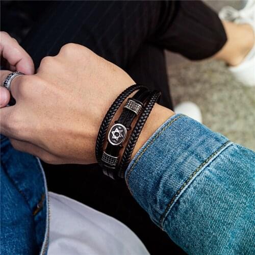 21.5Cm Korean Version Bracelets For Man Pu Leather Black Stainless Steel Six Vintage Pointed Star Braided Leather Rope Jewelry