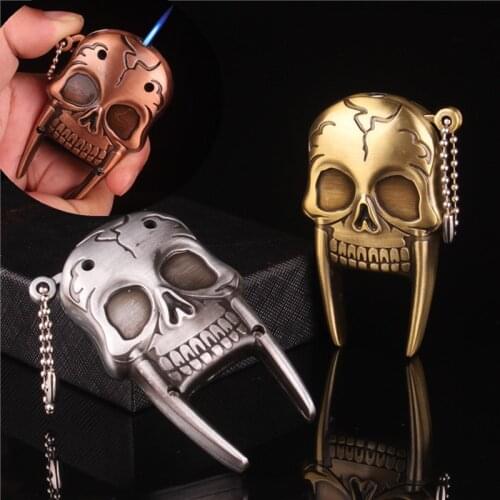 New Butane Torch Lighter Creative Fun Toy Skull Gas Lighter Key Chain Metal Portable Inflatable Free Fire Key Lighter No Gas