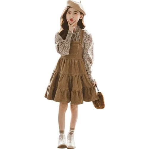 Girl Clothes Children 2-piece Long-sleeved Top + Trousers Girl Kids Princess Skirt Baby Strap Skirt Suit Corduroy Floral Skirt