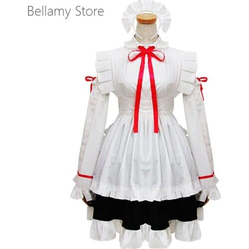 Customized handcraft Lolita white bow ruffled apron long sleeve cartoon Cosplay Japanese maid dress
