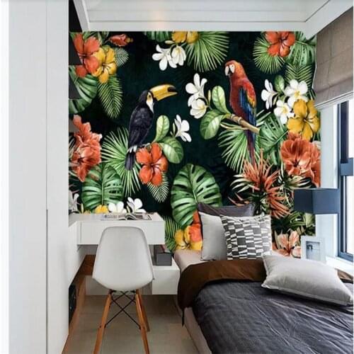 Custom wallpaper hand-painted parrot tropical rainforest tropical plants cartoon background wall high-grade waterproof material