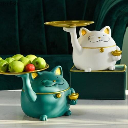 Gilded Lucky Cat Snacks Dessert Tray Cute Animal Storage Ornaments Tabletop Fruit Trays Resin Crafts Home Decoration Modern