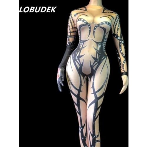 Sexy 3D Printing Leotard Jumpsuit Long Sleeve Stretch Bodysuit Women Pole Dancing Costume Bar Nightclub Teams DJ DS Stage Wears