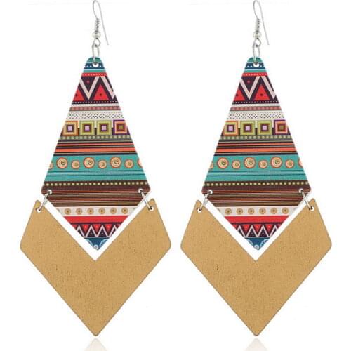 Ethnic Style Zigzag Strip Print Natural Wood Earrings for Women 2021 New Geometric Triangle Point Chevron Drop Earrings Jewelry