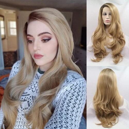 Ombre blonde Long Synthetic Lace Front Wigs for Womens Body Wave Brown Lace Wig with Baby Hair Side Part Glueless Heat Fiber