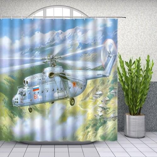 Childrens room Shower Curtains Blue sky Clouds Helicopter Cartoon landscape Bathroom Decor Waterproof Cloth Curtain Set Cheap