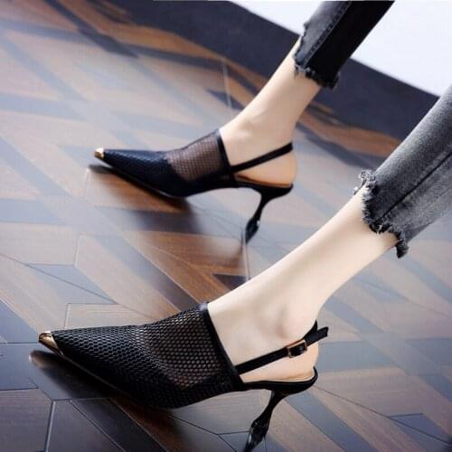 2021 Summer Mesh Hollow Roman Pointed Toe Color Matching Female Sandals Female Stiletto Mid-heel Baotou Banquet High Heels