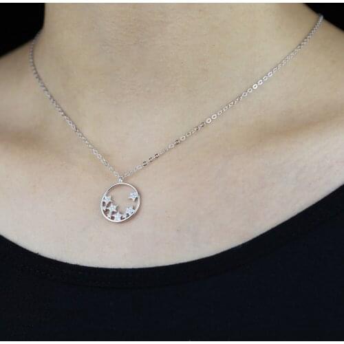 2021 simple round charm necklace with shiny cz star cluster pendants for girls women elegant 100% 925 sterling silver necklace
