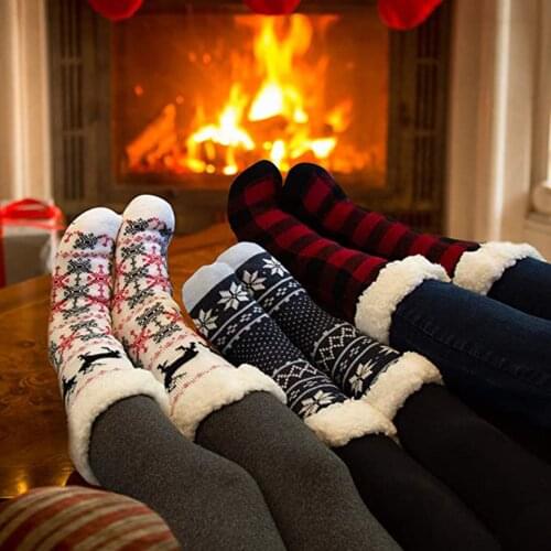 Winter Wool Thicken Warm Womens Thick Knit Sherpa Fleece Lined Thermal Fuzzy Slipper Socks cartoon Print cotton socks calcetines