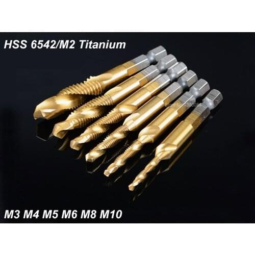 6Pcs Set HSS Spiral Pointed Complex Taps Titanium M2 Stainless Steel Tapping Chamfering Tool 1/4" Hex Shank Metric M3-M10