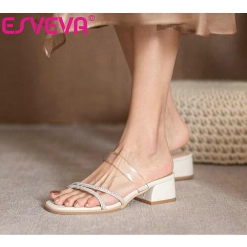 ESVEVA 2021 Women Slides Crystal Transparent Elegant Summer Female Shoes Fashion Square Heel Basic Sandals Big Size 34-43