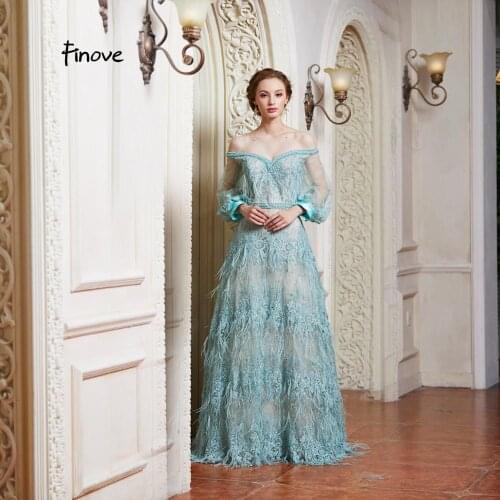 Finove 2020 New Prom Dresses Sexy Boat Neck With Feathers Long Sleeves A-Line Dress Floor Length Party Dress For Women Plus Size