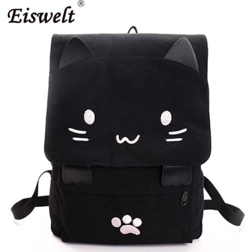 Dropshipping Cute Cat Canvas Backpack Cartoon Embroidery Backpacks for Teenage Girl School Bag Black Printing Rucksack Mochila