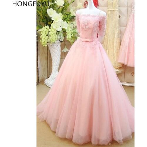 HONGFUYU Elegant Pink Evening Party Dresses Long Half Sleeve Prom Dress 2020 Appliques Lace Womens robe de soiree Formal Gowns