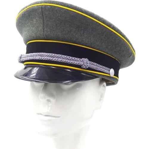 WWII WW2 German Elite Officer Cap Yellow Brim Wool Visor Hat Silver Chin Cord