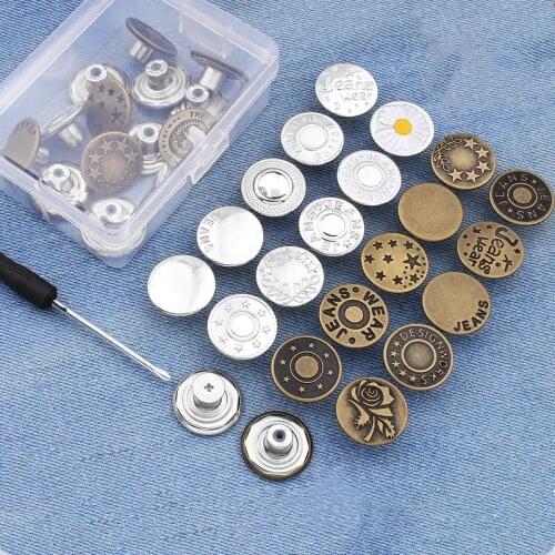 Button for Sewing Metal Jeans, No-sew Nailess Removable Metal Jean Buttons Replacement Repair Combo Thread Rivets Screwdrivers