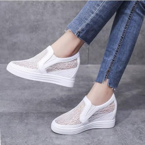 Breathable Mesh White Wedge Sneaker High Platform Height Increased Hidden Shoes 2021 Summer New Wild Casual Thick Sole Net Shoes