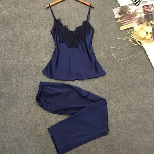 Summer Women Sexy Lace Satin Sleep Set Girls Patchwork Sleeveless Cool Pajama Sleepwear Pajamas Sleep Wear For Ladies