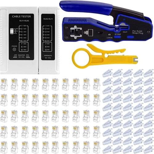 RJ45 Crimp Tool Cable Tester Kit,All-In-One Stripper Cutter Crimper Tool for RJ45 Cat6 Cat5 Pass-Thru Connectors