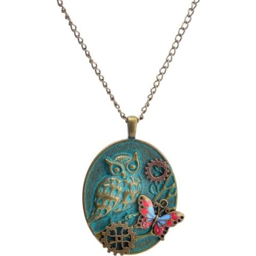 New Hot Sale Vintage Oval Shape Green Brass Owl with Pretty Butterfly and Copper Gears DIY Steampunk Animal Pendant Necklaces