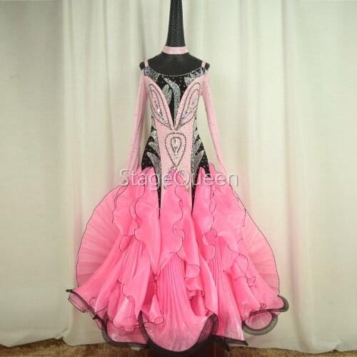 Pink Rhinestones Standard Ballroom Dresses Girls Long Sleeve Dancing Costume Adult Waltz Ballroom Competition Dance Dress