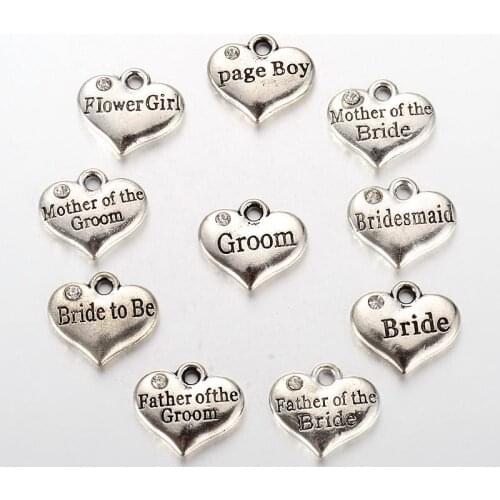 Wedding Party Supply Alloy Rhinestone Heart Carved Word Flower Girl Wedding Family Charms, Crystal, 13.5x16x3mm