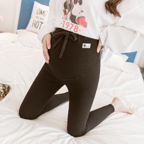 Knitted Maternity Drawstring Leggings Cat Design Striped Pregnancy Clothes High Waist Stretching Women Pregnant Pencil Pants