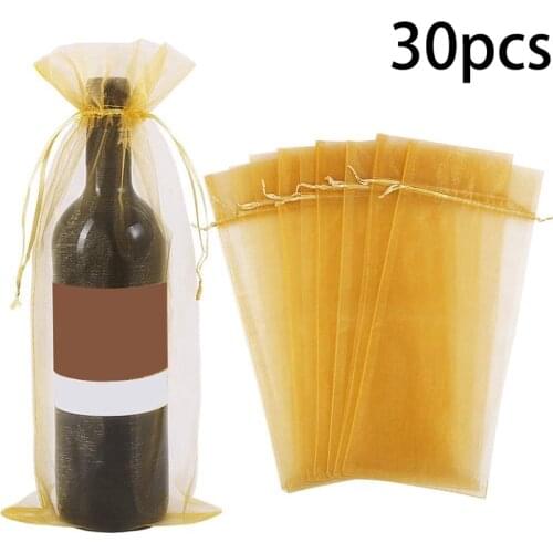 Packaging Organza Wine Bag, Transparent Mesh Bottle Gift Bag, Wine Cover with Christmas Drawstring Dress (Gold,30Pcs)