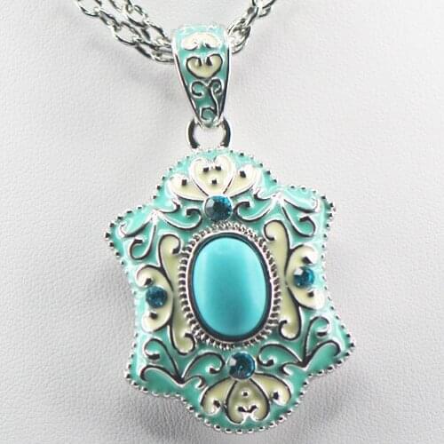 Green Crystal Zircon Enamel 925 Sterling Silver Jewelry Necklace & Pendant TE405