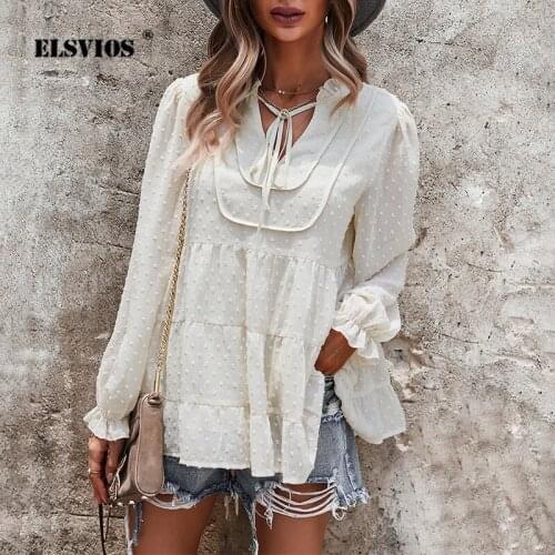 Autumn Long Blouse 2021 Women Casual Sexy V-Neck Solid Patchwork Shirt Elegant Ladies Fashion Petal Sleeve Loose Streetwear Tops