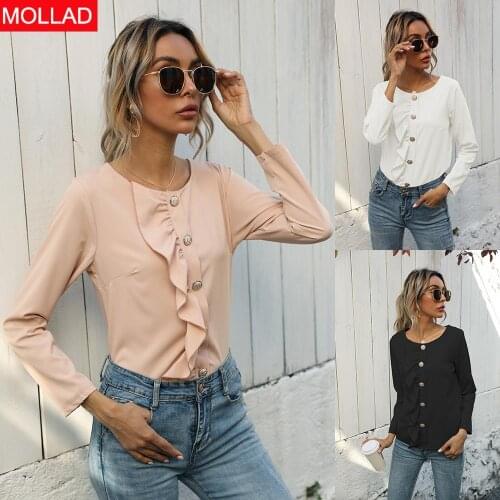 Womens Clothing Amazon Spring and Autumn round Neck Button Ruffled Long Sleeve Shirt Tops