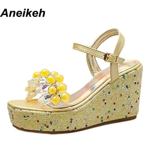 Aneikeh Zapatos De Mujer 2021 Summer Wedges Sandalias Crystal String Bead Bling Platform Ankle Strap Buckle Party Sweet Novelty