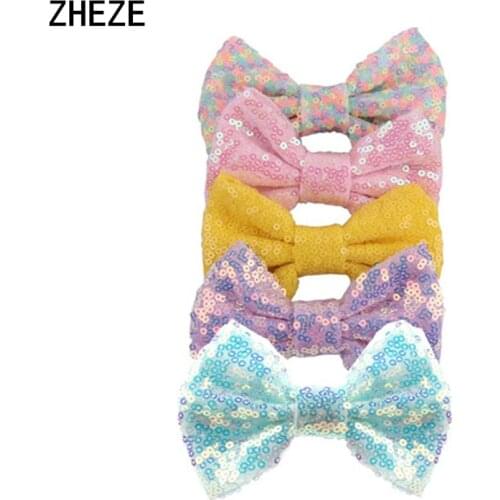 2Pcs Popular 4" Glitter Sequin Big Bows Barrette Chic Leopard DIY Girls Hairwear Accessories Hair Clips For Women Rainbow