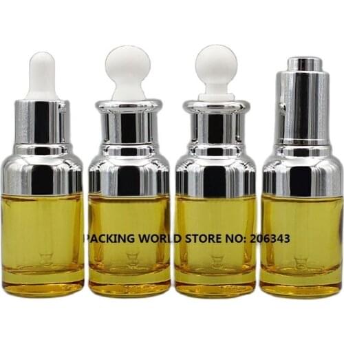 30ml yellow glass dropper bottle with silver shoulder and silver collar white bulb for oil/serum/essence/liquid dropper bottle