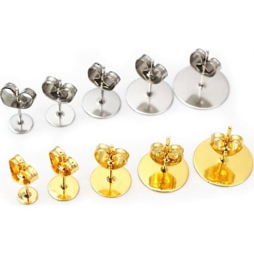 50-100pcs/lot Gold Stainless Steel Earring Post Base Studs Blank Pins With Earring Plug Findings Ear Back For DIY Jewelry Making