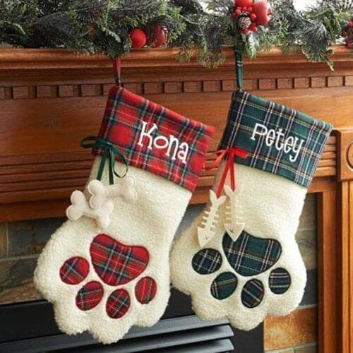 50pcs Sherpa 2 Colors Dog Paw Pet Christmas Stocking Plaid Style Blank Gift Candy Bag Tree Ornament Santa Sack