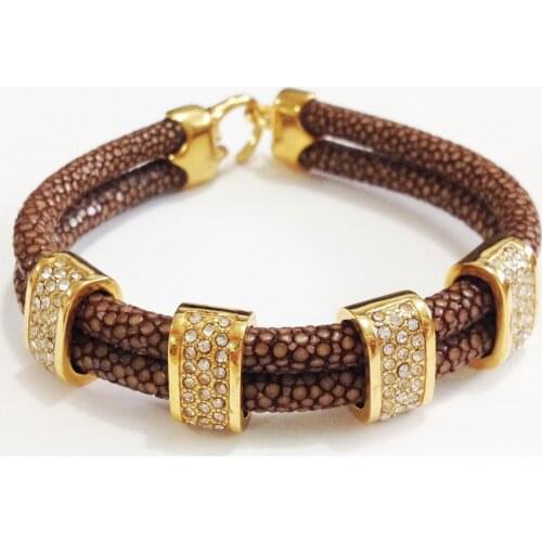 BC Luxury Unique Rose Gold White CZ Bracelet Genuine 5mm Brown Stingray Leather Bracelet Man Bangle For Sports Men Fit Watch
