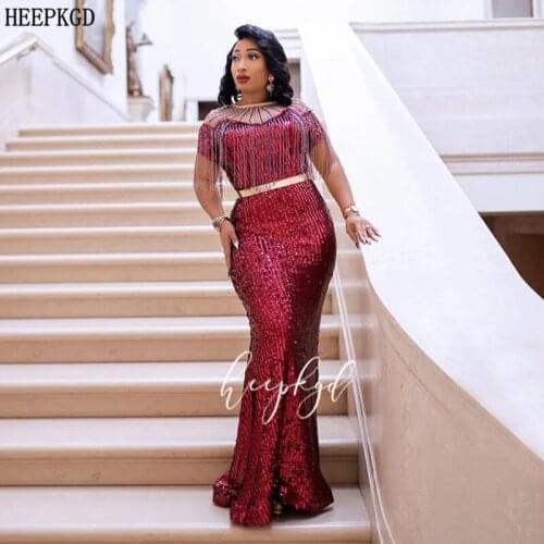 Shiny Burgundy Mermaid Sequin African Evening Dress Short Sleeves Tassel Long Formal Dresses Black Girl Graduation Prom Gowns
