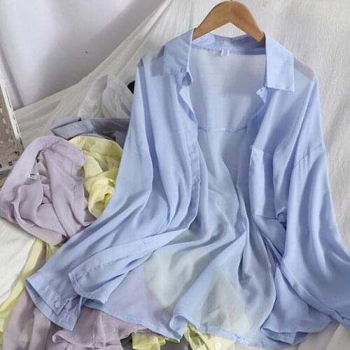 2021 Spring Women Summer Blouse Korean Long Sleeve Sun Protection Shirt Loose Solid color Chiffon Shirts Blusas Cardigan Tops