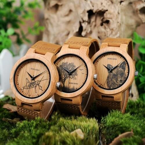 Unisex BOBO BIRD Watches Natural Engraving Face Bamboo Wooden Case Genuine Leather Strap Wristwatch relogio masculino B-P20