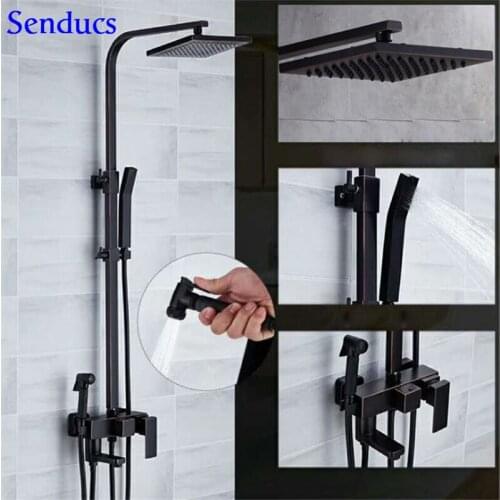Senducs Black Shower Set Rain Fall Top Shower System With Quality Brass Black Bathroom Shower Faucet With Bidet Faucet