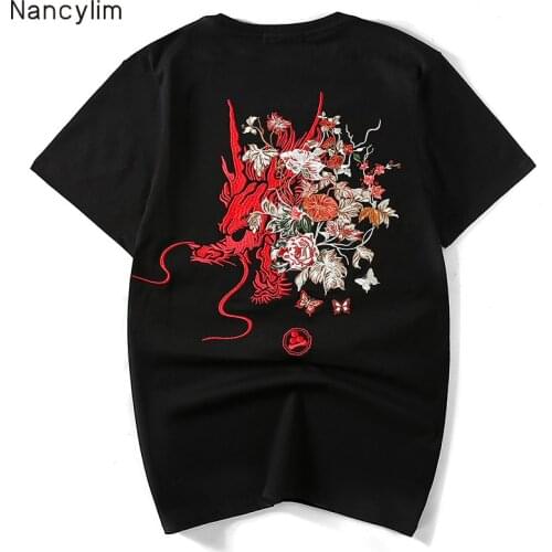 Summer Embroidered Short Sleeve T-Shirt Mens Chinese Style Japan Harajuku Fashion Brand Large Size Loose Cotton T Shirt Tees