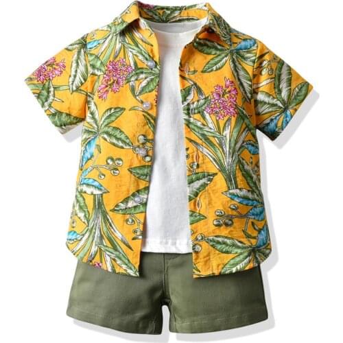 Hawaiian Style Kids Boys Casual Outfit Short Sleeve Cotton T shirt+Printed Shirt+Shorts Children 3Pcs Sets For Baby Beach Suits