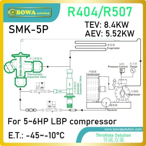 5HP, R404a expansion valve kits (known as meter devices) provide wide liquid refrigerant injection adjustment ranges in freezers